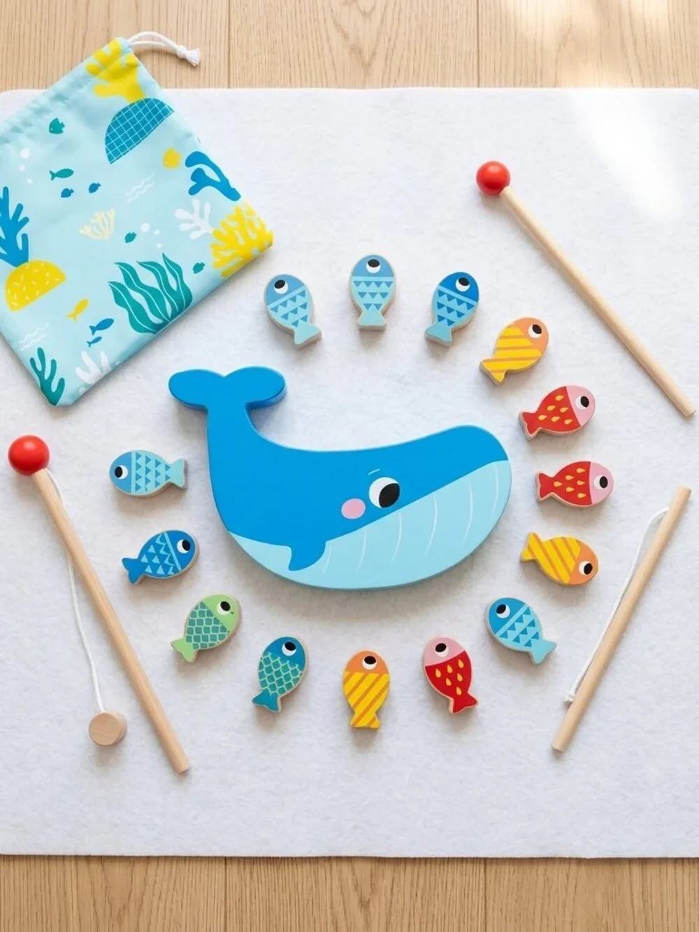 NEW Montessori Wooden Fishing Game Whale Toy Toddler Fine Motor Educational Toy